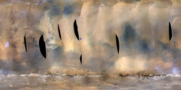 火星表面爆發規模史無前例的沙塵暴,NASA派出的「機會號」探測車因而被迫進入休眠狀態。(擷取自NASA)