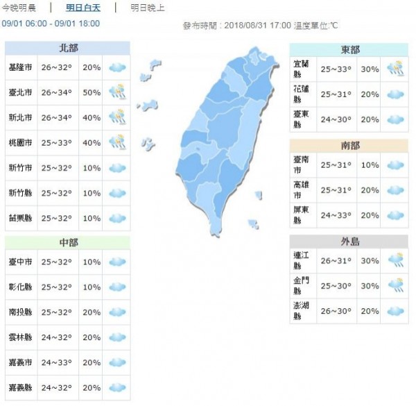 明天新竹以北、宜蘭地區約32至34度，中南部、花蓮、台東地區約30至33度。（圖擷自中央氣象局）