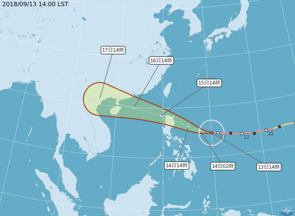 中央氣象局預報員吳依帆表示，強颱山竹路徑持續往南修正，發布海上颱風警報時間將延後至週五白天。（中央氣象局）