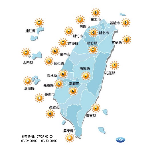 今天各地紫外線預報,指數為6-7級屬於高量級。(圖取自氣象局網站)