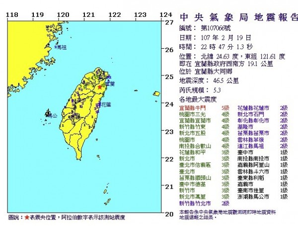 宜蘭縣大同鄉今晚10點47分發生規模5.3的強震。（擷取自中央氣象局網站）