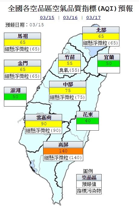 今天高屏地區為橘色提醒,其他地區為良好到普通等級,指標污染物為細懸浮微粒。(圖片取自環保署空氣品質監測網)