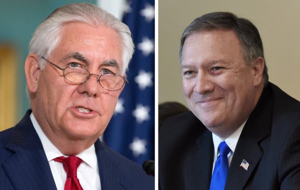 美國總統川普今天(13日)宣布國務卿提勒森(Rex Tillerson,圖左)遭到開除,職務由中央情報局(CIA)局長龐皮歐(Mike Pompeo,圖右)接任。(歐新社)