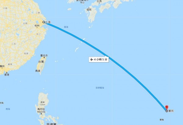 從上海機場出發到塞班島，僅4.5小時。（圖擷自Google）