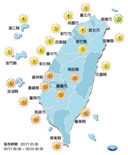 今日各地紫外線多為中至高量級。(取自氣象局網站)