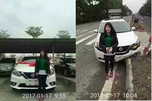 女駕駛牽新車9分鐘就撞車的圖片,在網路上引發話題。不過照片上的時間疑似是後製,2張圖片時間擺放的位置不一致。(圖擷取自imgur) 女駕駛牽新車9分鐘就撞車的圖片,在網路上引發話題。不過照片上的時間疑似是後製,2張圖片時間擺放的位置不一致。(圖擷取自imgur)