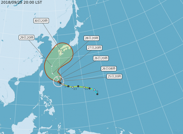 第24號強烈颱風「潭美」預估其外圍環流將在9月28日、9月29日將影響臺灣北部及東半部地區；但明日依舊在導引氣流弱的區域移速較慢，後續動態的不確定性仍大。（圖擷取自中央氣象局）