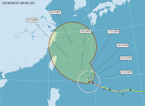 潭美颱風在原地打轉2天後，北轉角度成影響台灣關鍵，目前誤差圈仍大。（中央氣象局）