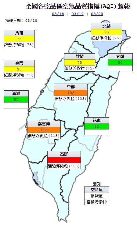 今天中部、雲嘉南地區為橘色提醒(對敏感族群不健康),高屏地區為紅色警示(對所有族群不健康),其他地區為良好到普通等級。(圖片取自環保署空氣品質監測網)