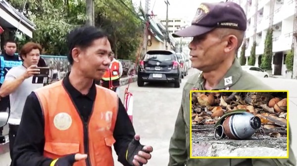泰國一民英勇的機車載客業者帕薩(左),徒手將歹徒扔的手榴彈撿起。(圖擷自泰國日報)