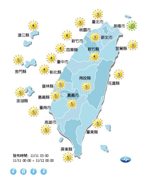 今天各地紫外線指數。(圖取自氣象局)