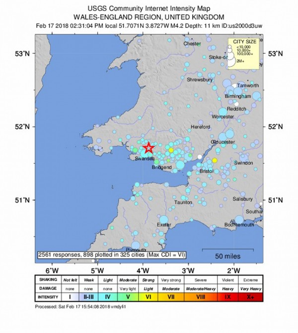 英國當地時間週六下午發生規模4.4地震，整個威爾斯地區都能感受到明顯搖晃。（歐新社）