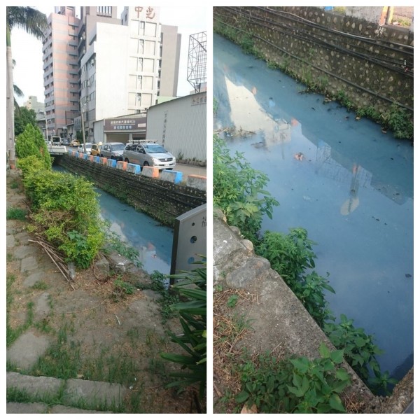 台中市環保局稽查人員告訴通報的網友,復興路與忠明南路交叉路口河水變藍又起泡,是藍天倒映與魚兒呼吸;網友抨擊環保局官僚心態,讓他深感悲哀。(翻攝自臉書爆料公社)