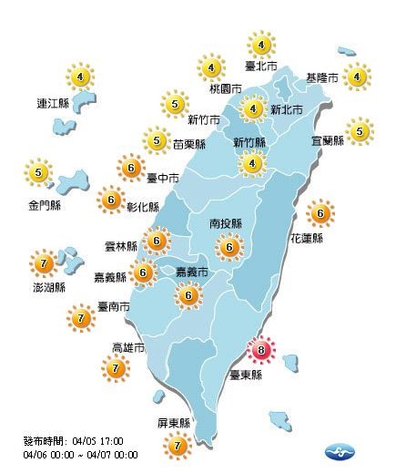 明日各地紫外線概況。(圖擷自中央氣象局)