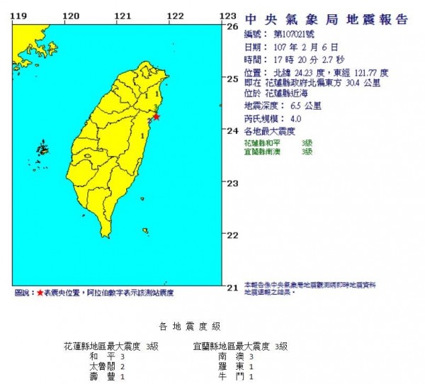 花蓮縣近海處今（6）日下午5點20分，發生芮氏規模4.0地震，深度僅有6.5公里，屬極淺地震。（圖擷取自中央氣象局）