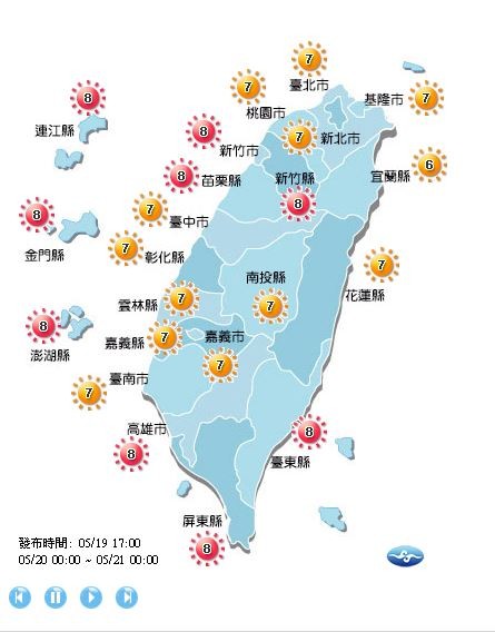 明天外島、新竹、苗栗、高雄、屏東與台東為過量級,其他地區為高量級。(圖擷取自中央氣象局)
