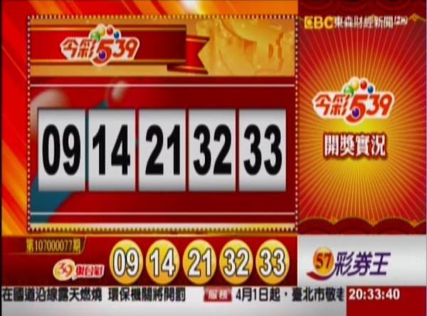今彩539、39樂合彩開獎獎號。(圖擷取自東森財經新聞) 今彩539、39樂合彩開獎獎號。(圖擷取自東森財經新聞)
