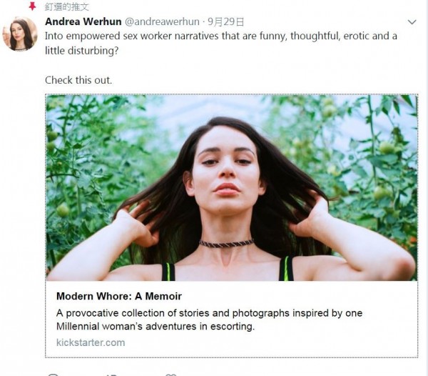 加拿大27歲的瑋杭（Andrea Werhun）擁有性感姣好的身材，出書《摩登妓女》（Modern Whore）大肆談論自己下海的經驗。（圖擷取自瑋杭推特個人帳戶）