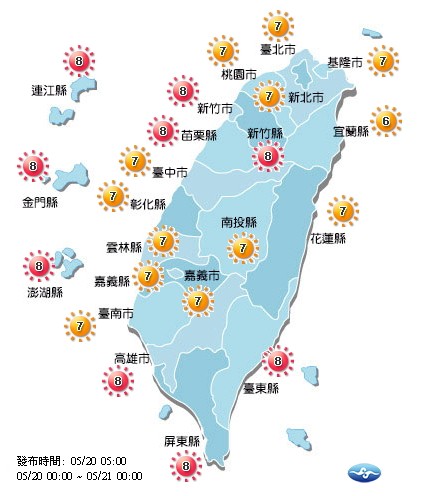 今天各地紫外線為高量至過量級。(取自氣象局網站)