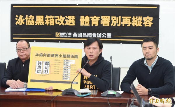 時代力量立委黃國昌(中)昨日偕游協理事彭紹武(左)等人舉行「泳協黑箱改選,體育署別再縱容」記者會。(記者廖振輝攝) 時代力量立委黃國昌(中)昨日偕游協理事彭紹武(左)等人舉行「泳協黑箱改選,體育署別再縱容」記者會。(記者廖振輝攝)