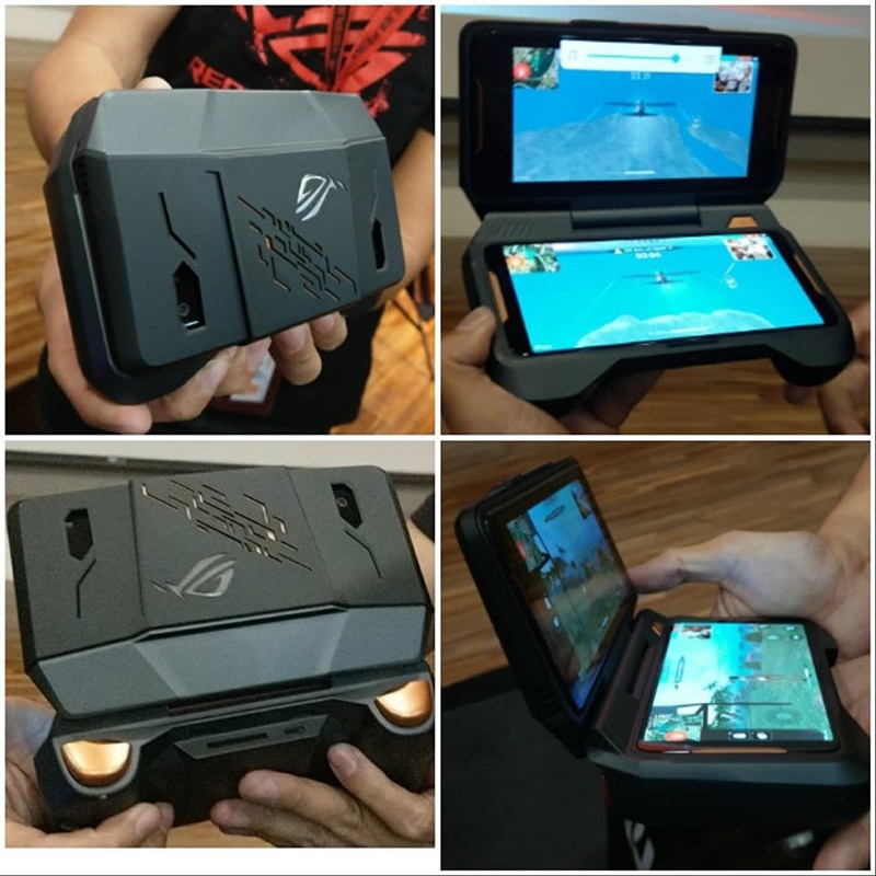 華碩發表首款 ROG 電競遊戲旗艦手機，並推出超強周邊配件，如內建6000mAh電池的「雙螢幕手把」。（圖記者劉惠琴攝）