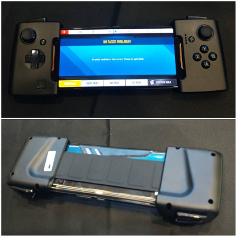 華碩ROG 電競遊戲旗艦手機，與專屬「按鍵控制器」配件。（圖記者劉惠琴攝）