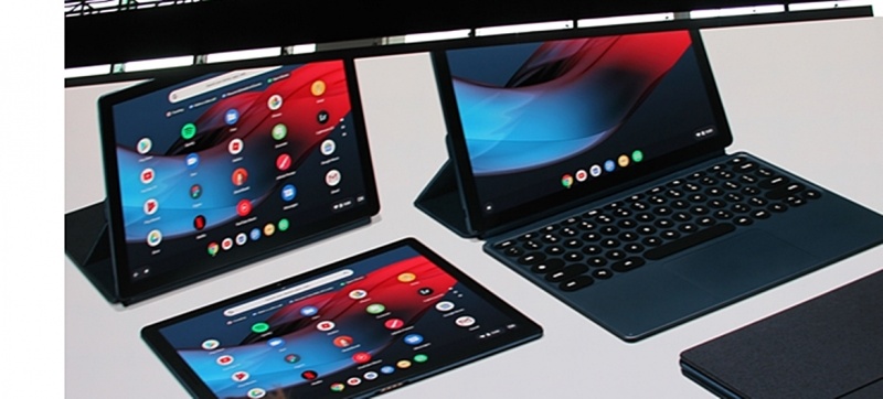 Google在今年發表會上，推出首款搭載自家Chrome作業系統的Picel Salte 平板筆電、可支援拆卸式鍵盤與觸控手寫筆；還可以下載Google Play Store 的應用程式。（圖記者劉惠琴攝）
