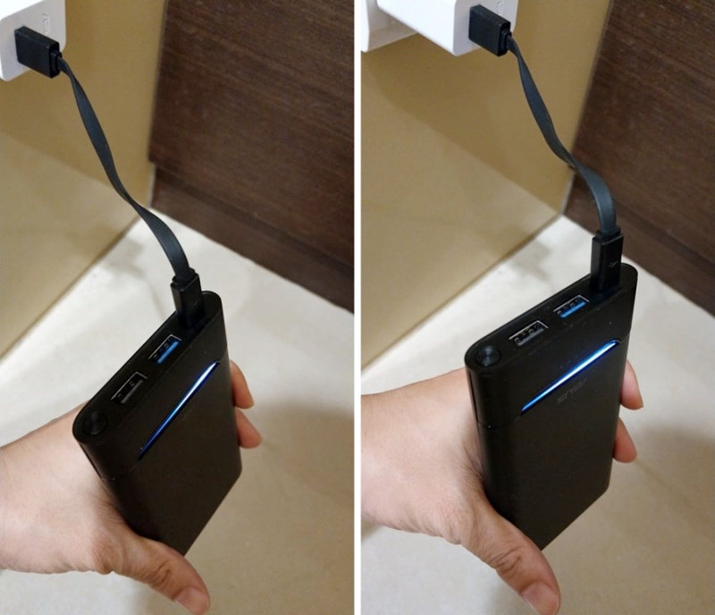 支援 QC3.0快速充電的行動電源Asus ZenPower 10000，當用戶在為手機、平板或筆電裝置進行充電時，透過 ZenPower 10000 機身採用特殊凹槽設計的LED燈條，能自動感測充電速度，並以不同的燈光效果變化。（圖／記者劉惠琴攝）