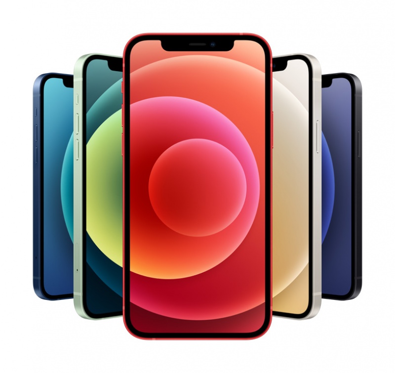 Apple 發表擁有五種繽紛色系的6.1吋 iPhone 12 與5.4吋 iPhone 12 mini，皆支援5G、搭載「超廣角＋廣角」雙鏡頭。（圖蘋果提供）
