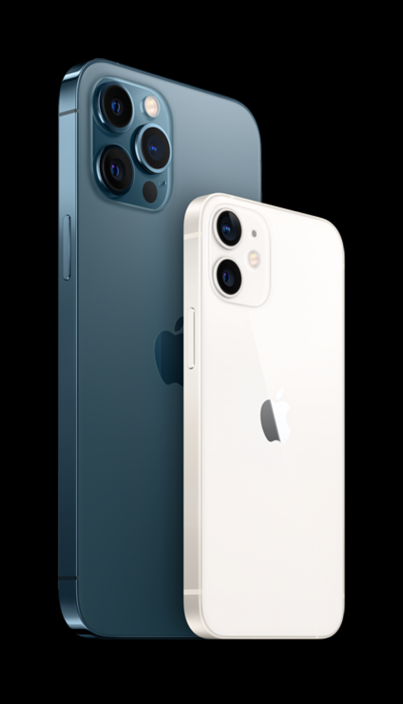Apple 發表全新一代支援5G的iPhone 12系列機款。圖為5.4吋 iPhone 12 mini、與「三鏡頭」高階旗艦的6.7吋iPhone 12 Pro Max，皆搭載A14晶片。（圖蘋果提供）