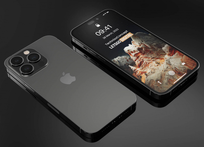 設計師 Parvez Khan繪製iPhone 14 Pro系列，採用驚嘆號雙挖孔式設計的假想概念渲染圖。（圖翻攝LetsGoDigital）