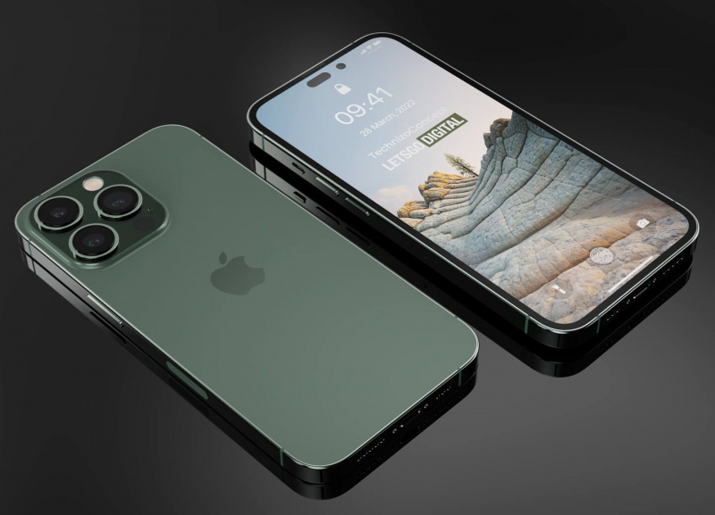 設計師 Parvez Khan繪製iPhone 14 Pro系列，採用驚嘆號雙挖孔式設計的假想概念渲染圖。（圖翻攝LetsGoDigital）