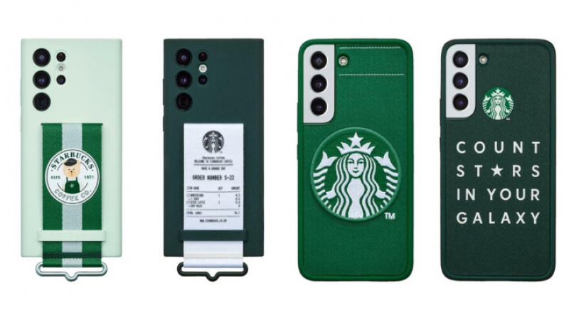 韓國星巴克攜手三星推出的聯名限量款周邊配件，四款為S22系列打造的專屬手機保護殼。（圖翻攝韓國星巴克官網）