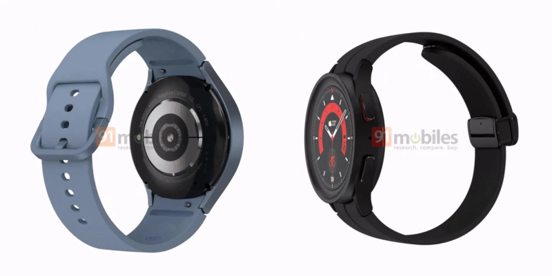 據稱為今年8月將發表的新一代三星Galaxy Watch 5官方渲染圖流出，圖為標準版的Galaxy Watch 5 Pro淡藍色、黑色。（圖翻攝91mobiles）