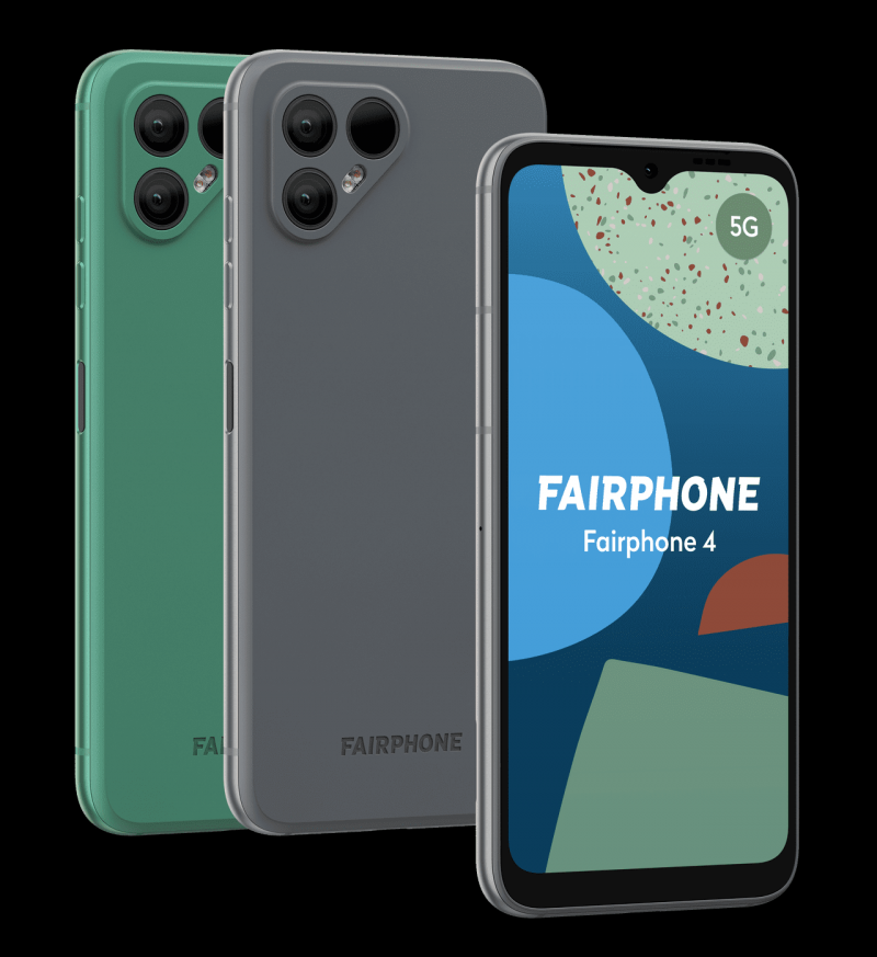 Fairphone 4 擁有流線鋁製機身和繽紛防滑的背蓋設計，共推出太空灰與湖水綠雙色選擇。（圖皇鋒通訊提供）