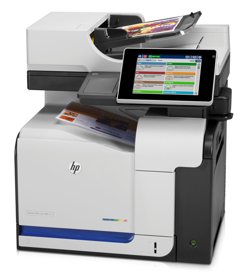 HP LaserJet Enterprise 500 雲端彩色雷射複合機 MFP M575,具備更大的 8 吋全彩觸控螢幕,使用者可在螢幕上準確的進行預覽、編輯與縮放影像