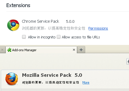 木馬程式TROJ_FEBUSER.AA偽裝成Chrome或是Mozilla Firefox的附加元件以取信使用者。