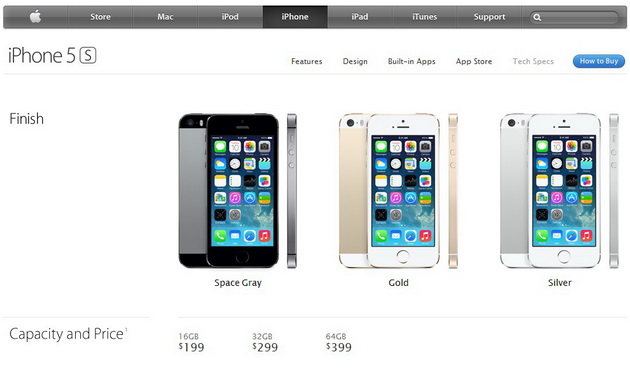 iPhone 5S 共有金銀灰三色可供選擇。(蘋果官網)