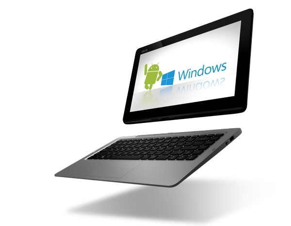Transformer Book Duet TD300,全球首台四合一機種,提供 Android 4.2.2和 Windows 8.1 雙系統,且具備筆電/平板雙模式,切換系統不到 5 秒。
