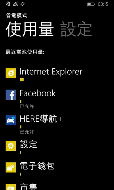 WP8.1省電模式,可逐項關閉不需要用到的App。