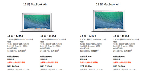 新版的 MBA 規格與售價,畫面擷取自 Apple TW