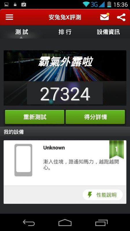 用新版本安兔兔跑了一下,超過27000分,比三星Galaxy S4還高。