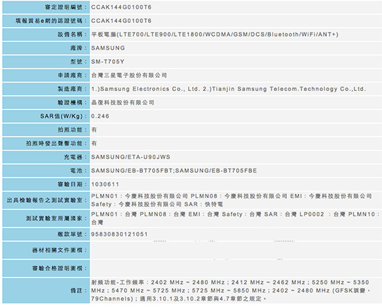 支援 4G 全頻段!Samsung Galaxy Tab S 通過 NCC 認證