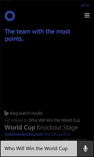 問到誰將贏得 2014 年世界盃金盃，Cortana 的回答是....
