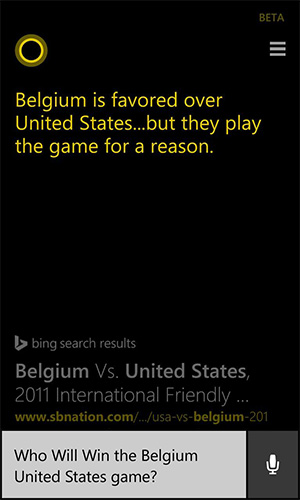 先前 Cortana 預測比利時與美國之戰的結果，畫面擷取自網路