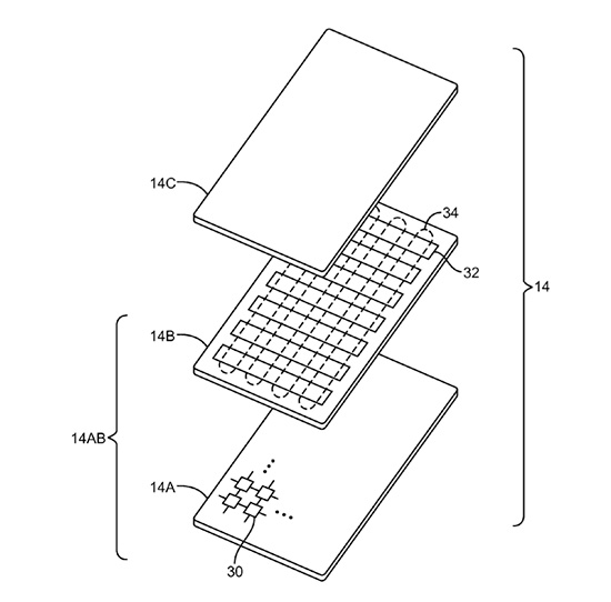可以看出 Apple 新型螢幕採用彈性多層架構,畫面擷取自 USPTO 官網