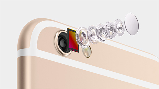 鏡頭採用 Fixed Pixel 自動對焦的感光元件,並具有防手震機能(僅 iPhone 6 Plus 為光學防手震)