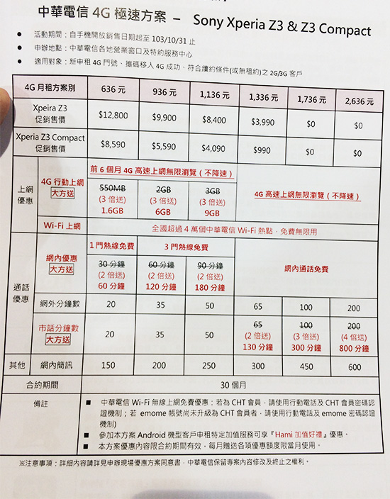 中華電信 Xperia Z3/Z3 Compact 資費方案