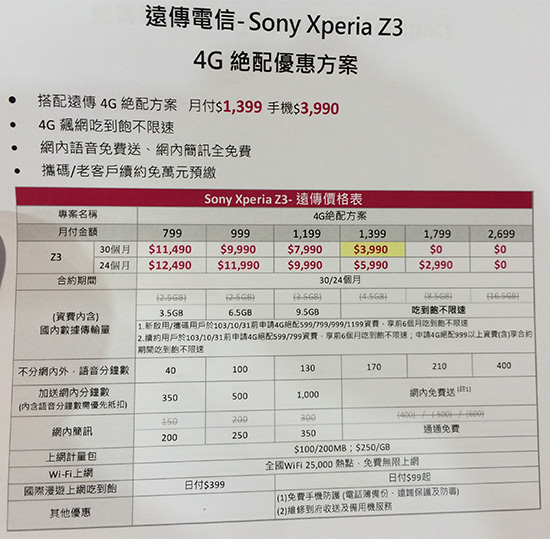 遠傳電信 Xperia Z3 資費方案