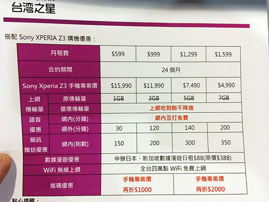 台灣之星 Xperia Z3 資費方案